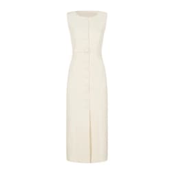 Elegant Single Breasted Tank Dress Women Belts Sleeveless O-neck Slim Solid 2025 Spring Dresses Commute Street Split Lady Robe