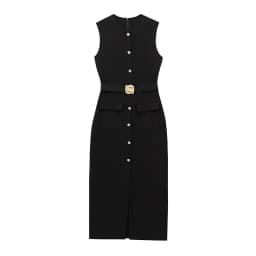 Elegant Single Breasted Tank Dress Women Belts Sleeveless O-neck Slim Solid 2025 Spring Dresses Commute Street Split Lady Robe