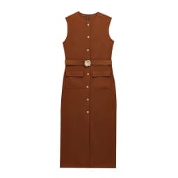 Elegant Single Breasted Tank Dress Women Belts Sleeveless O-neck Slim Solid 2025 Spring Dresses Commute Street Split Lady Robe