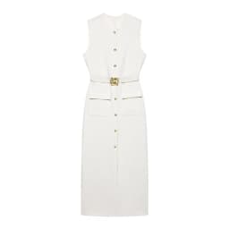 Elegant Single Breasted Tank Dress Women Belts Sleeveless O-neck Slim Solid 2025 Spring Dresses Commute Street Split Lady Robe