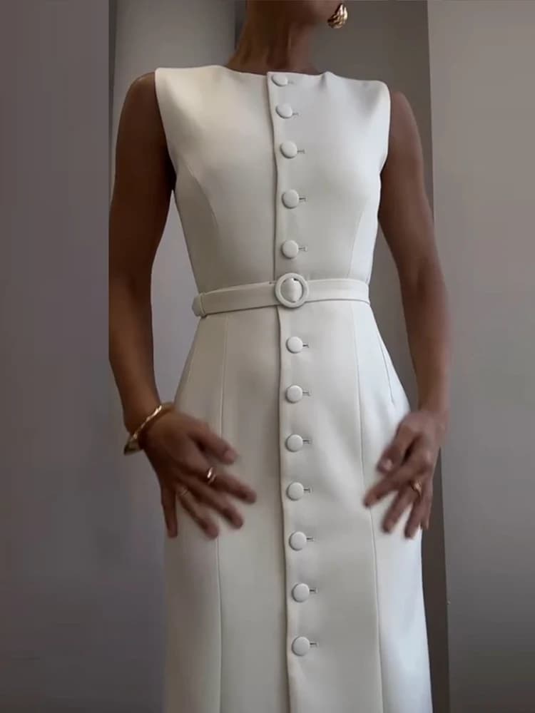 Elegant Single Breasted Tank Dress Women Belts Sleeveless O-neck Slim Solid 2025 Spring Dresses Commute Street Split Lady Robe