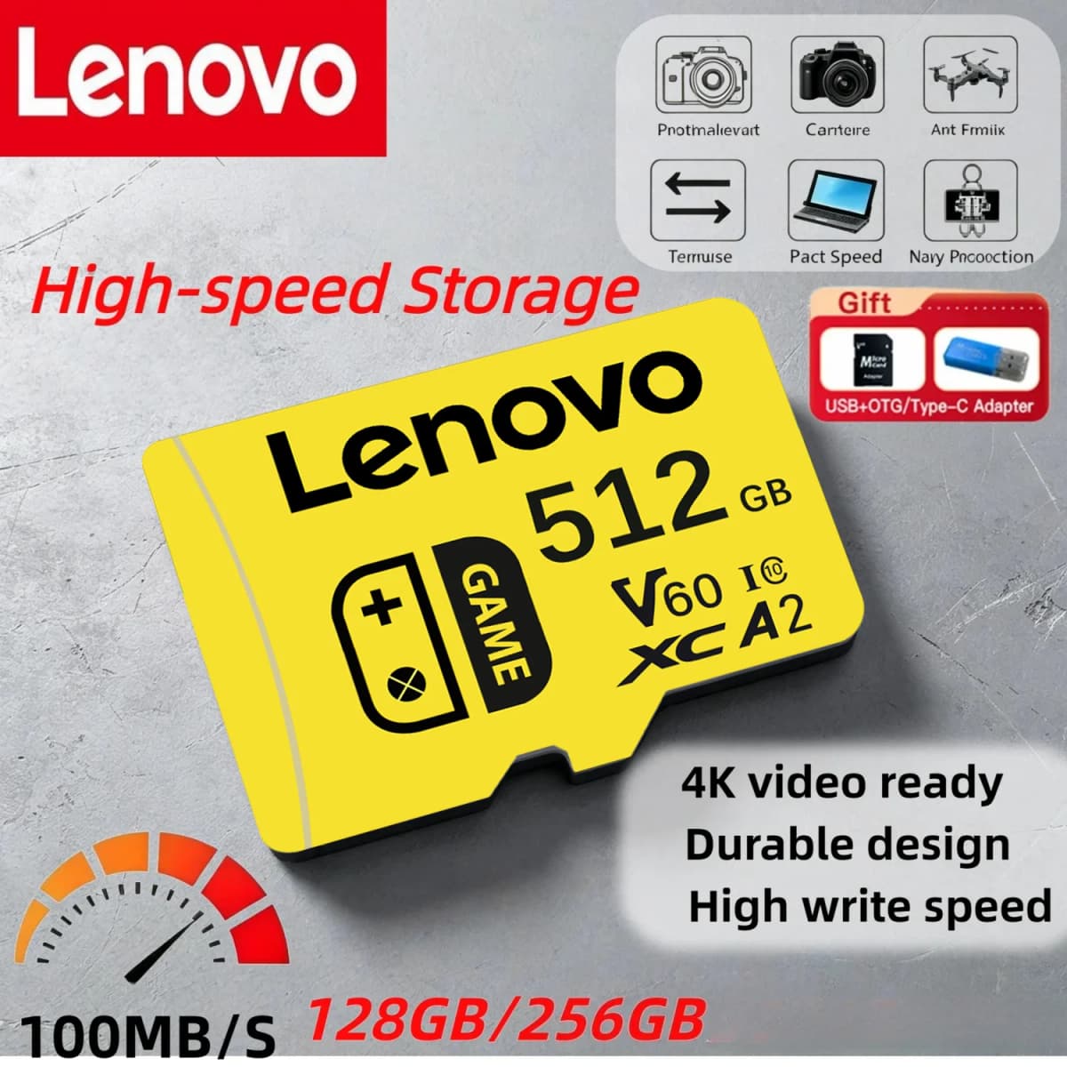 Original Lenovo Large Capacity Micro TF SD Card 64GB/128GB U3 4K Flash Memory Card for Phone Camera Tablet PC Switch 256GB/512GB