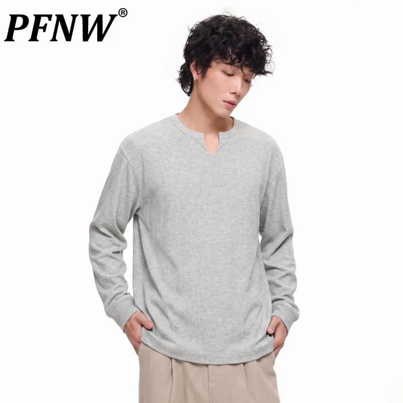 PFNW Versatile Solid Color Casual Base Shirt Men's V Neck Textured Long Sleeve T Shirt 2026 Autumn New Tide 28L3528