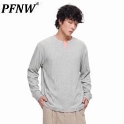 PFNW Versatile Solid Color Casual Base Shirt Men's V Neck Textured Long Sleeve T Shirt 2026 Autumn New Tide 28L3528