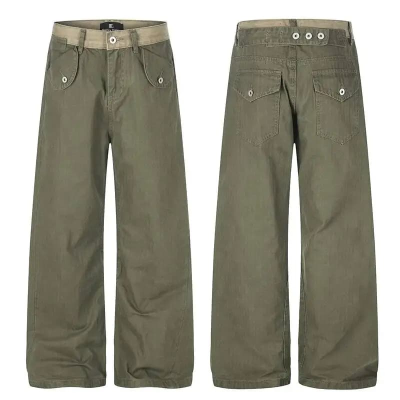IEFB Vintage Washed Herringbone Cargo Straight Pants For Men Deconstruct Pocket Loose Wide Leg Casual Street Trousers 9X4082