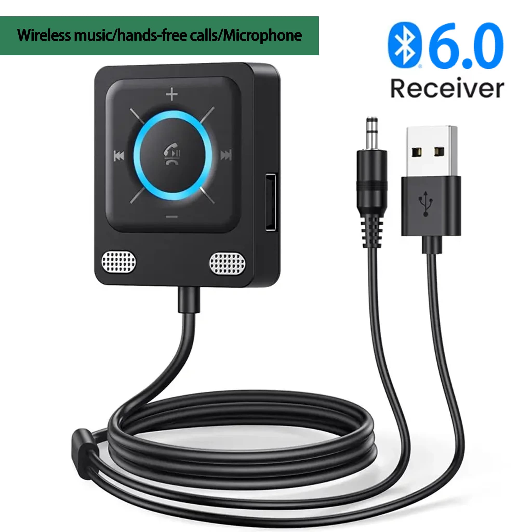 USB Bluetooth 6.0 Car Receiver Adapter with Mics and Noise Cancellation, 3.5Mm USB AUX Bluetooth Receiver Car Kit Stereo Audio