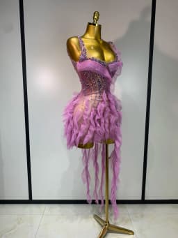 Women Sexy Mesh Ruffle See Through Mini Dress Sparkly Rhinestone Evening Party Prom Gown Nightclub Singer Stage Costume