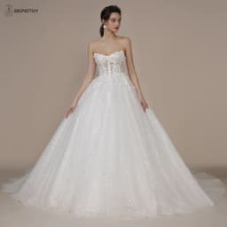 BEPEITHY Customized Princess Strapless Ivory Glitter Wedding Dress 2023 For Women Court Train Bride 3D Flower Shinny Bridal Gown