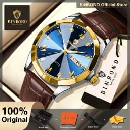 BINBOND Original Auto Date Week Display Men's Watch Reloj Hommes Leather Quartz Watches For Men Luxury Luminous Waterproof +Box