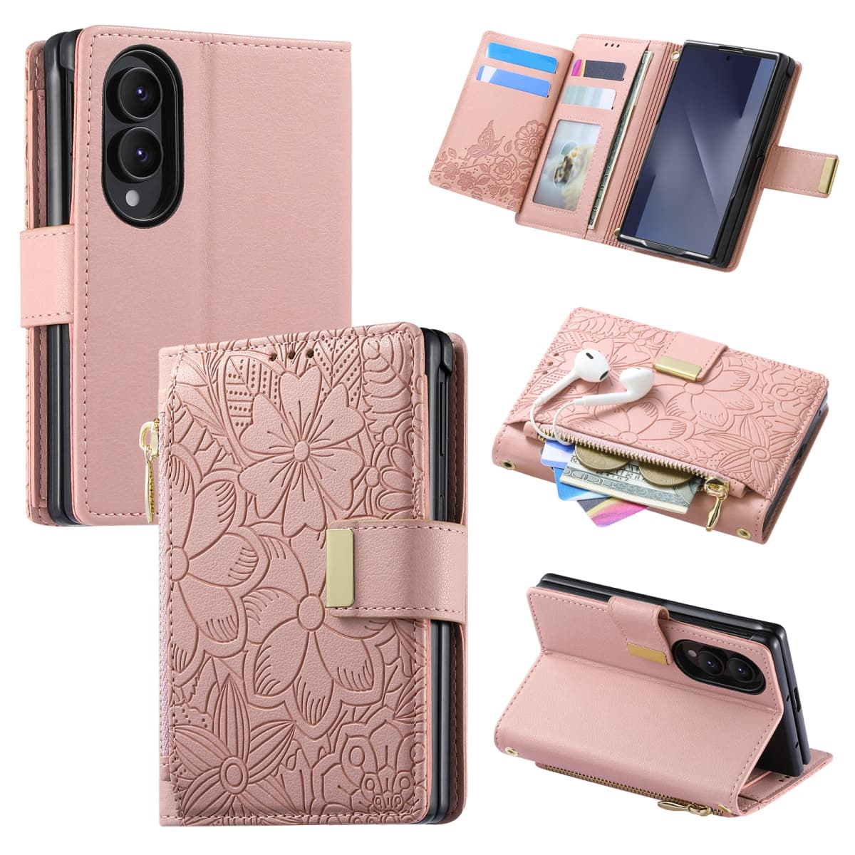 Fashionable Embossed Zipper Flip Card Slot Wallet Leather Case for Samsung Z Fold 8 Wide Shockproof Book Stand Slim fit Cover