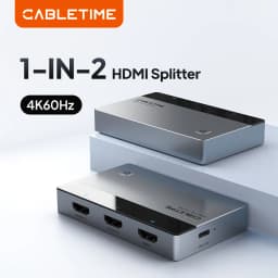 CABLETIME HDMI Splitter 1 IN 2 4K 60Hz LED Light Screen Splitter for HDTV Computer Monitor Switch PS5 Xiaomi Macbook Laptop