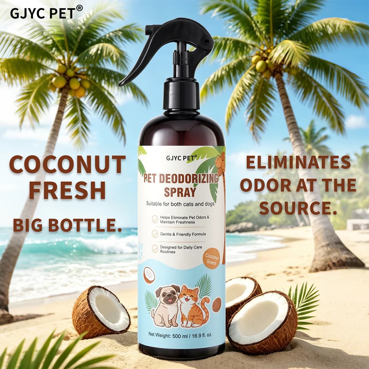 500ml Natural Pet Deodorizing Spray Coconut Scent Long Lasting Pet Safe Odor Eliminator Refreshing for Dogs Cats Daily Grooming