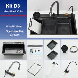 Stainless Steel Kitchen Sink with Faucet 75*45cm Large Single Bowl Digital Display Dish Basin Sink Waterfall Hot Cold Faucets