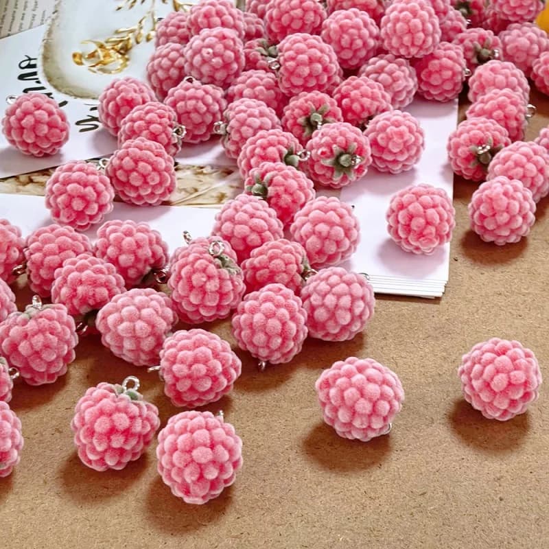 6/12/30/50pcs 3D Flocked Pink Raspberry Charms Fluffy Cute Fruit Resin Pendant for Earring Bracelet Keychain DIY Jewelry Making