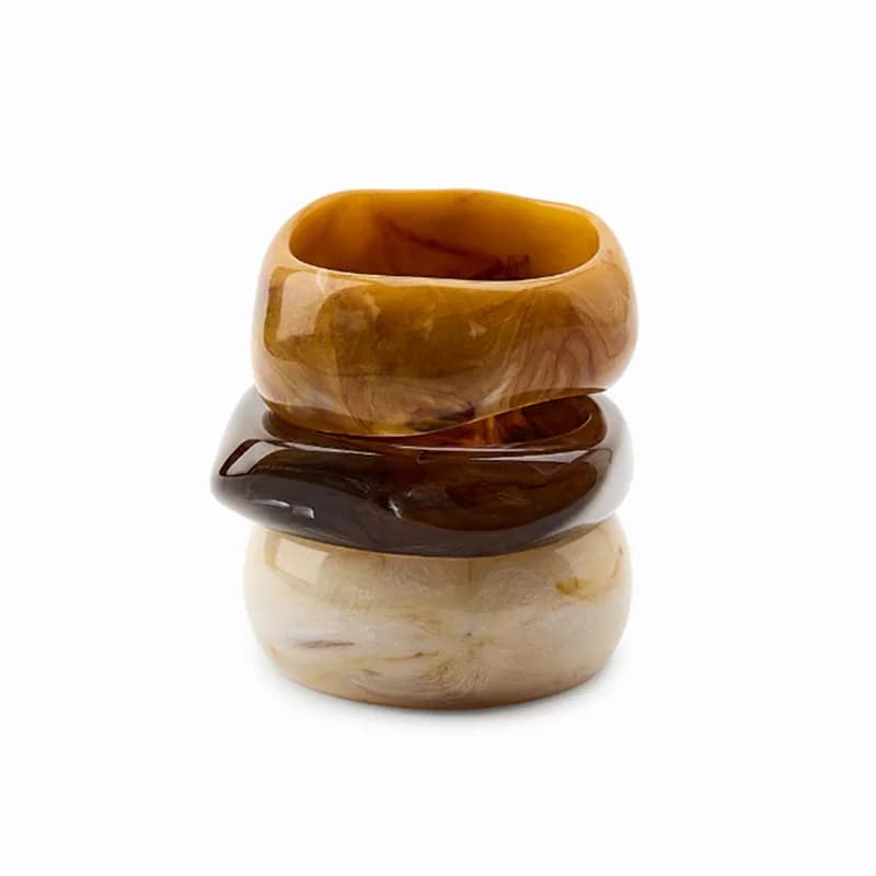 HUANZHI 3Piece Vintage Brown Geometric Resin Bracelet Set Exaggerated Different Shapes Wide Thick Stacked Wear Jewelry
