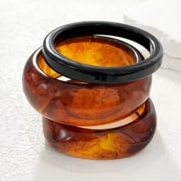 HUANZHI 3Piece Vintage Brown Geometric Resin Bracelet Set Exaggerated Different Shapes Wide Thick Stacked Wear Jewelry