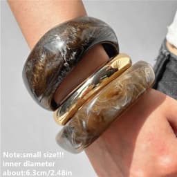 HUANZHI 3Piece Vintage Brown Geometric Resin Bracelet Set Exaggerated Different Shapes Wide Thick Stacked Wear Jewelry