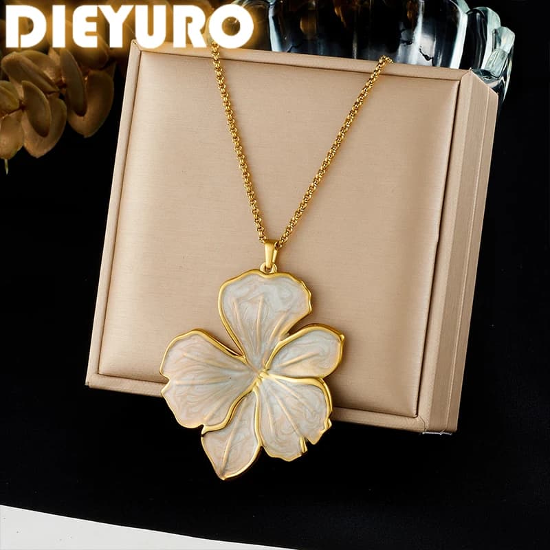 DIEYURO 316L Stainless Steel Light Luxury Golden White Enamel Flower Pendant Necklace For Women Classic Non-fading Neck Chain