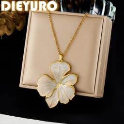 DIEYURO 316L Stainless Steel Light Luxury Golden White Enamel Flower Pendant Necklace For Women Classic Non-fading Neck Chain