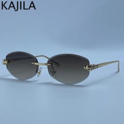Rimless Hexagon Punk Sunglasses Women 2026 Luxury Designer Gold Leopard Head Outdoor Oval Sun Glasses Female Black Trendy Shades