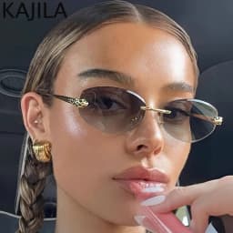 Rimless Hexagon Punk Sunglasses Women 2026 Luxury Designer Gold Leopard Head Outdoor Oval Sun Glasses Female Black Trendy Shades