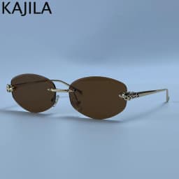 Rimless Hexagon Punk Sunglasses Women 2026 Luxury Designer Gold Leopard Head Outdoor Oval Sun Glasses Female Black Trendy Shades