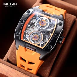 MEGIR 8602 Fashion Orange Automatic Watch Men Waterproof Luminous Mechanical Wristwatch with Tonneau Hollow Dial Silicone Strap
