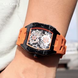 MEGIR 8602 Fashion Orange Automatic Watch Men Waterproof Luminous Mechanical Wristwatch with Tonneau Hollow Dial Silicone Strap