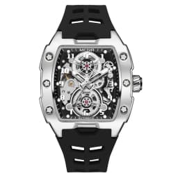 MEGIR 8602 Fashion Orange Automatic Watch Men Waterproof Luminous Mechanical Wristwatch with Tonneau Hollow Dial Silicone Strap
