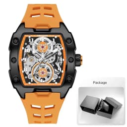MEGIR 8602 Fashion Orange Automatic Watch Men Waterproof Luminous Mechanical Wristwatch with Tonneau Hollow Dial Silicone Strap