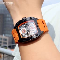 MEGIR 8602 Fashion Orange Automatic Watch Men Waterproof Luminous Mechanical Wristwatch with Tonneau Hollow Dial Silicone Strap