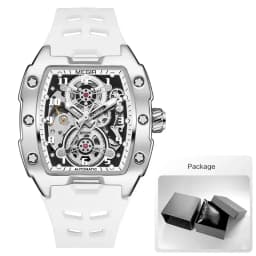 MEGIR 8602 Fashion Orange Automatic Watch Men Waterproof Luminous Mechanical Wristwatch with Tonneau Hollow Dial Silicone Strap