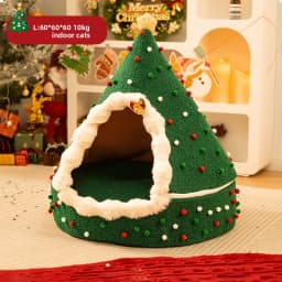 ZHAYA DIY Christmas Tree Cat House Winter Warm Semi Enclosed Tent Bed Washable Foldable Plush for Cats Dogs Four Seasons Use