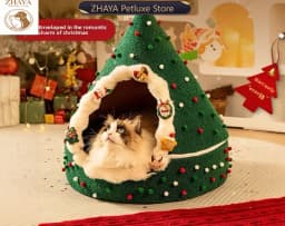 ZHAYA DIY Christmas Tree Cat House Winter Warm Semi Enclosed Tent Bed Washable Foldable Plush for Cats Dogs Four Seasons Use