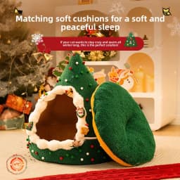 ZHAYA DIY Christmas Tree Cat House Winter Warm Semi Enclosed Tent Bed Washable Foldable Plush for Cats Dogs Four Seasons Use