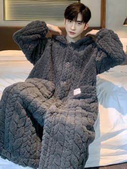 Hooded Robe for Men Sleepwear Bathrobe Winter Night Wears Warm Fleece Pajama Button One Piece Nightgown Pocket Homewear 2026 New