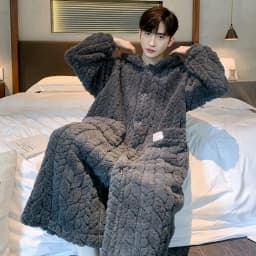 Hooded Robe for Men Sleepwear Bathrobe Winter Night Wears Warm Fleece Pajama Button One Piece Nightgown Pocket Homewear 2026 New