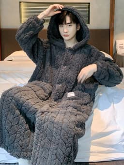 Hooded Robe for Men Sleepwear Bathrobe Winter Night Wears Warm Fleece Pajama Button One Piece Nightgown Pocket Homewear 2026 New