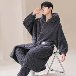 Hooded Robe for Men Sleepwear Bathrobe Winter Night Wears Warm Fleece Pajama Button One Piece Nightgown Pocket Homewear 2026 New