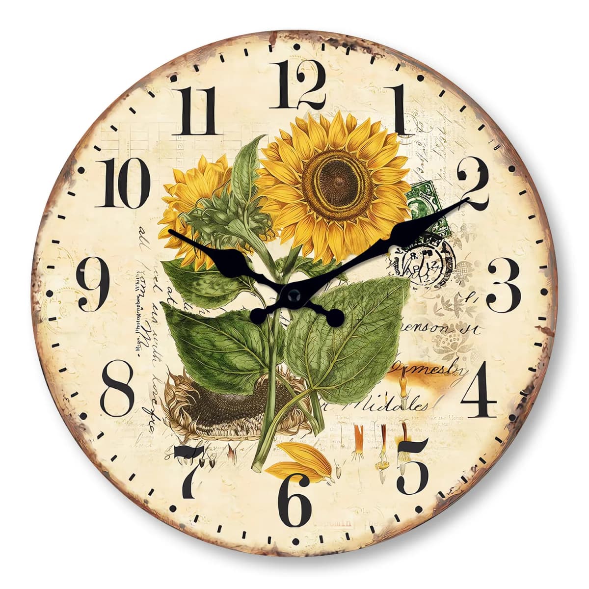 1pc Retro Wood Wall Clock, Two Sunflower Flower Design Wall Clock, Non-Ticking Silent Wall Clock, Home Living Room Decoration