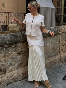 HH Women Casual Knitted Tank Top Pleated Skirt Sets Single Breasted Short Sleeve O Neck T-Shirt Slim Patchwork Skirt Outfit
