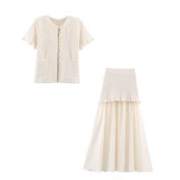 HH Women Casual Knitted Tank Top Pleated Skirt Sets Single Breasted Short Sleeve O Neck T-Shirt Slim Patchwork Skirt Outfit