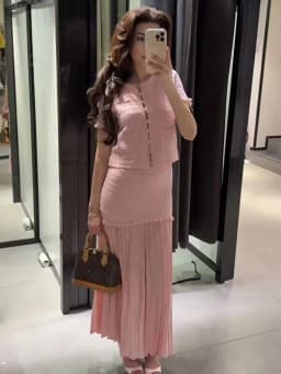 HH Women Casual Knitted Tank Top Pleated Skirt Sets Single Breasted Short Sleeve O Neck T-Shirt Slim Patchwork Skirt Outfit