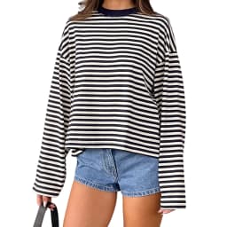 Striped Long Sleeve T Shirt Women Y2k Oversized Crewneck Sweatshirt Aesthtic Vintage Autumn Drop Shoulder Cute Going Out Tops