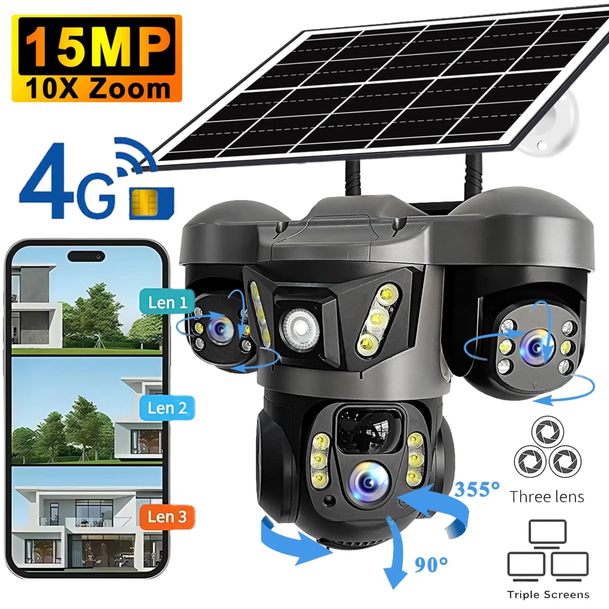 V380 Pro 15MP Solar Camera Three Lens Audio Outdoor IP66 Waterproof Built-in Battery Security CCTV HD 4G SIM Card Network Camera
