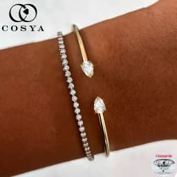 COSYA 2CT Pear Moissanite Open Bangles Bracelet for Women S925 Silver 18K Gold Plated WaterDrop 2 Stone Adjustable Fine Jewelry