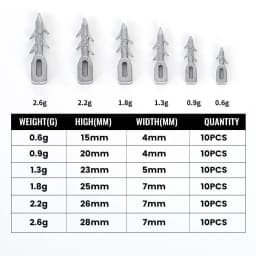 ZUKIBO 10PCS Worm Lure Weight Insert Fishing Sinkers 0.6/0.9/1.3/1.8/2.2/2.6g Nail Sinker Used Carp Fishing Accessories