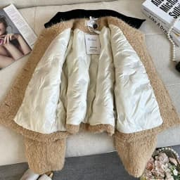 French Camel Faux Lamb Short Jacket for Women Winter Thick Warm Outerwear Female Color Block Turndown Collar Jacket with Pockets