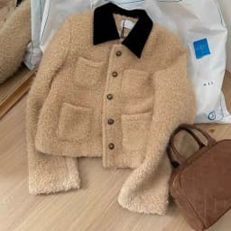 French Camel Faux Lamb Short Jacket for Women Winter Thick Warm Outerwear Female Color Block Turndown Collar Jacket with Pockets