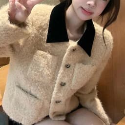 French Camel Faux Lamb Short Jacket for Women Winter Thick Warm Outerwear Female Color Block Turndown Collar Jacket with Pockets